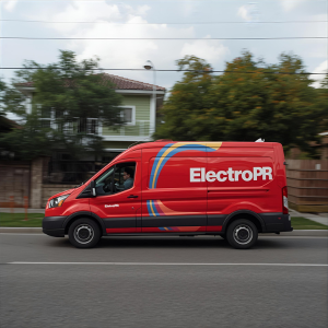 Inicio Camioneta roja de entrega rápida etiquetada ELECTRO PR en escritura llegando a un barrio puertorriqueño