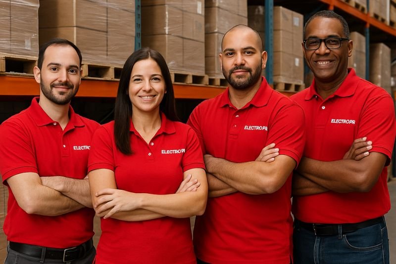 Personal del almacén de ElectroPR posando en un entorno limpio y organizado, listos para procesar entregas rápidas y seguras de electrodomésticos en Puerto Rico.